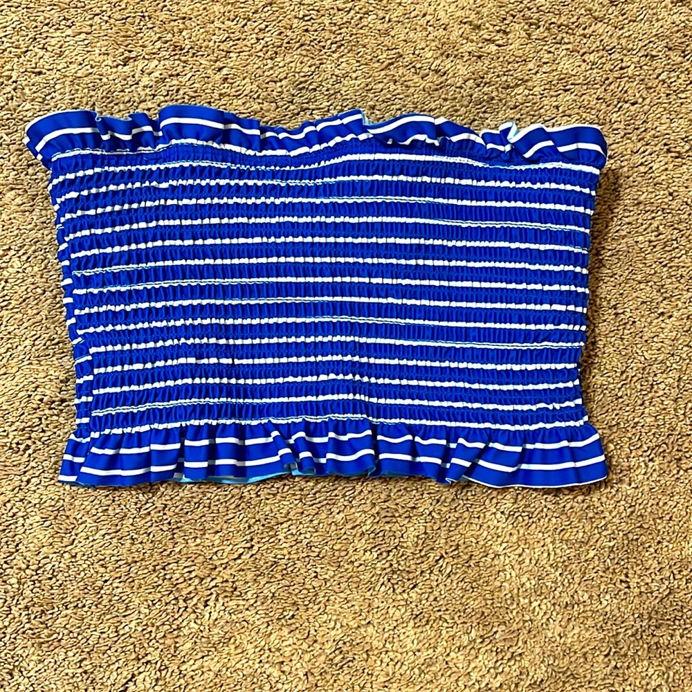 Junior size medium, blue and white stripe strapless swim top, smoke free home